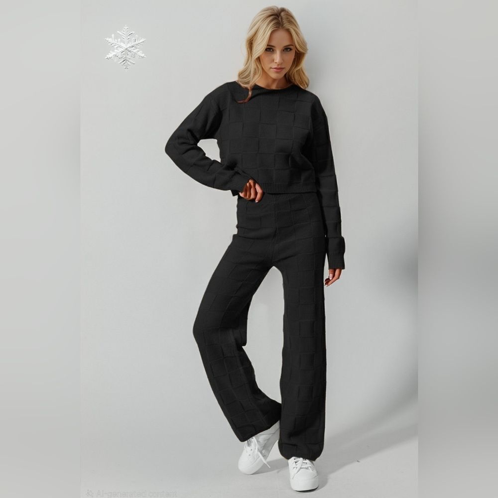 Women's Casual Textures Matching Outfit Set Top Pants Black sz 2X | Christmas Gi